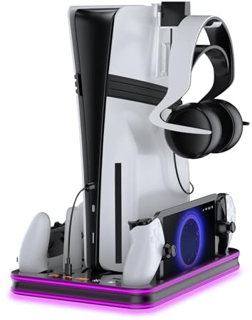EJGAME PS5 Pro/Slim/P5 Stand and Cooling Station with RGB Lighting Controller Charging Station for Playstation 5 Console, PS Portal Charging Dock, PS5 Pro Accessories with 3 Level Cooling Fan