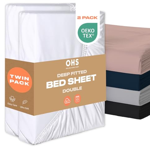 Brentfords Double Fitted Sheets 2 Pack White, Fitted Bed Sheets Double Pocket 30cm Easy Care Ultra Soft Shrinkage Fade Resistant Microfibre Bed Sheet Bedding Linen