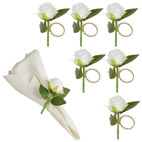 Xnferty 6 Stück Rosenblumen-Serviettenringe, 12,4 cm, Blumen-Serviettenhalter, Kunsthandwerk, Blumen-Serviettenringe, Blumen-Dinner-Serviettenhalter für Hochzeit, Bankett, (weiße