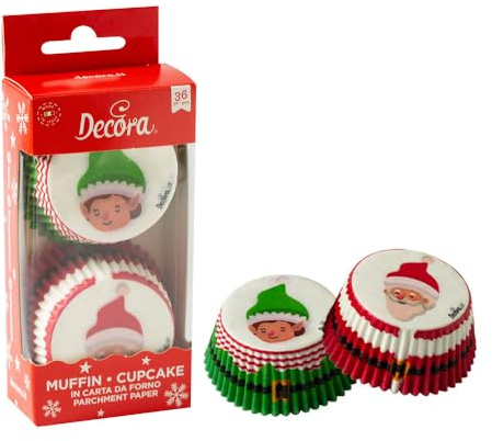 Decora, 0339903, Confezione da 36 Pirottini Tematici, Babbo Elfo, Comodissimi Pirottini per Cuocere, Presentare e Regalare Muffin, Resistono fino a 220°, In comodo Blister, Dimensione ø 50 x 32 cm
