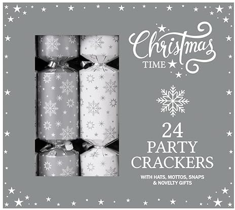 RSW Set of 24 Christmas Crackers - White and Silver Snowflake/Star Design - 9” - Perfect for Christmas Celebration - Festive Table Decoration Xmas Party Celebration
