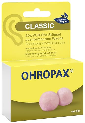 OHROPAX Tappi per le orecchie Classic – Tappi per le orecchie per la protezione da rumore, umidità e vento, realizzati in cera modellabile, comodi e adatti a tutte le orecchie, valore di isolamento