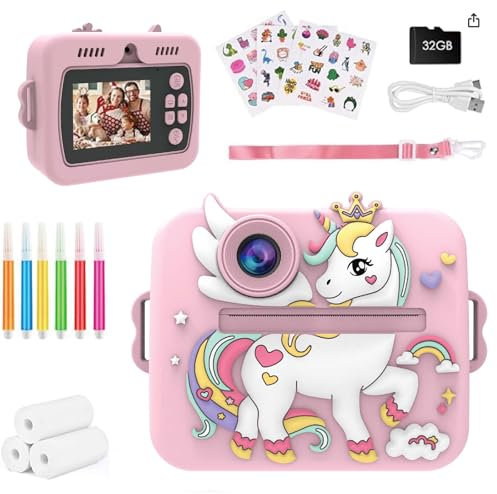 Balakaka Appareil Photo Instantané avec Filtres Créatifs, Appareil Photo Enfant avec Papier d'impression et Carte 32GB, Cadeau pour Filles Garçons de 3-12 Ans, Licorne Rose