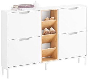 SoBuy Schuhschrank Schmal Schuhkipper Schmal – 4 Klappen & offene Fächer, ultraflacher Schuhregal Flurschrank – Weiß Bambus Design, stabil mit Metallfüßen, BHT 126x85x19cm – FSR183-WN