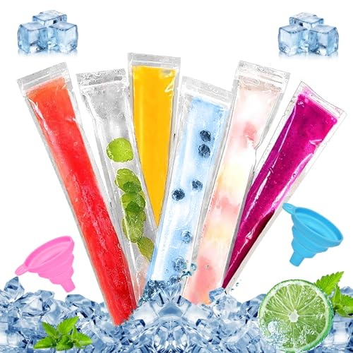LXBCTOP 200 stycken isglasspåsar, BPA-fria vattenisspåsar med 2 trattar, isformar för vattenis med dragkedja, transparent vattenisformar för gör-det-själv frukt, yoghurt, glass, godis, smoothies