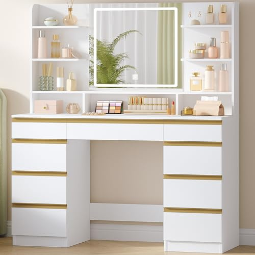 Hzuaneri Coiffeuse avec Éclairage LED, Coiffeuse avec Miroir, Blanc-Or