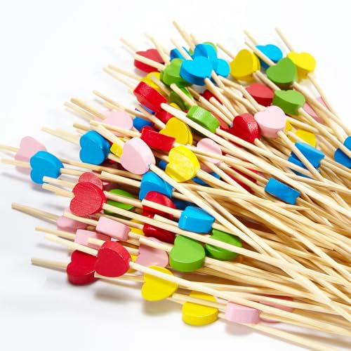 100 Stück Cocktailspieße, 12 CM Schaschlikspieße Holz mit Herz, Bunte Holzspieße für Fingerfood, Obstspieße, Holzstäbchen für Snacks & Hochzeitstorte Deko
