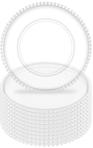Tomeurperf 10Pcs Clear Charger Plates Bulk Wedding - 13 Premium Clear Plastic Chargers with Beaded Rim，Transparent Decorative Dinner Charger Plates for Events & Parties