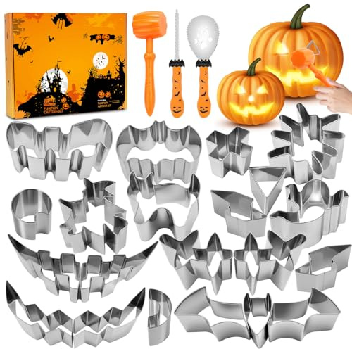 24 Stück Halloween Kürbis Schnitzset mit Vorlagen Edelstahl DIY Schnitzwerkzeug Kürbis Inklusive Gummihammer Pumpkin Carving Kit für Kinder Erwachsene und Familie