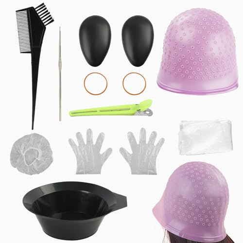 10 PCS Bonnet à Mèche Set, Kit Coloration Cheveux avec Ohrenschützer et Pinsel, Bonnet Meches Cheveux pour DIY et Salon