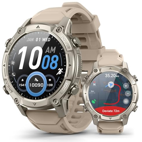 GPS Smart Watch for Men with Maps, 21-Day Battery, 5ATM Waterproof, 1.43 AMOLED, 178+ Sports AI Round Watch with Compass, LED Flashlight/ Heart Rate/Stress/SpO2/Sleep Monitor, for Android iOS Khaki