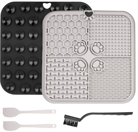 2 Pcs Lick Mat for Dogs Cats, Silicone Pet Food Mats with Suction Cups, Dog Licking Mat, Cat Dog Peanut Butter Lick Pad, Enrichment Pet Food Slow Feeder Mats for Bathing Grooming, with 2 Scrapers
