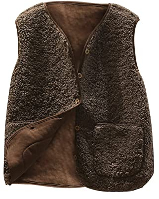 Teddy Fleece Gilet For Women Fur Faux Vest Sleeveless V-neck Button Down Vest Sherpa Fluffy Waistcoat Lightweight Cozy Gilets Ladies Winter Soft Jacket With Pockets Fuzzy Coat Outwear