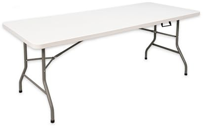 MARCPRINT - Mesa Plegable 180 x 70 cm Interior y Exterior, Carga 150 kg Asa de Transporte Plegado por la Mitad Patas de Acero Altura 74 cm para Camping, Eventos, Comedor, Resina HDPE Color Blanco