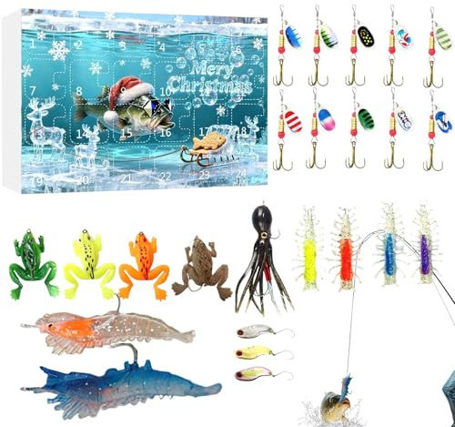 Köder-Countdown-Weihnachten – Angel-Adventskalender 2025, Angel-Countdown-Kalender, 24-Tage-Angelausrüstung, Tackle-Box | Adventsköder-Set Für Forellenbarsch, Salzwasser, Süßwasser, Männer, Erwachsene