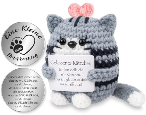 Tixlux Pocket Hug Positive Katze, Kreative Strickwolle Katzen Figur und Kleine Umarmung Glücksbringer, Geschenke zur Einschulung, Ermutigungs Geschenk, Gute Besserung, Einschulung Geschenk Rosa