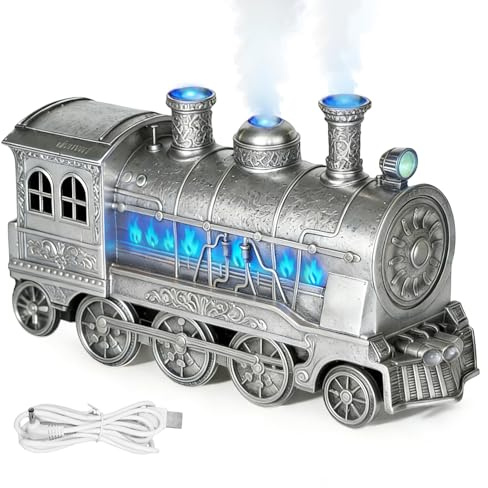 Train Oil Diffuser, Steam Train Humidifier for Essential Oils, 300ML Vintage Quiet Diffusers for Home with LED Light & Dual Mist Modes & Timing Function, Christmas Decor & Gifts (Silver)