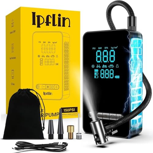 Ipflin Inflador Ruedas Coche - Compresor Aire Portatil 150PSI con Linterna y Batería Recargable - para Coches, Motos, Bicicletas | Manómetro Digital | SOS Emergencia y Carga USB para Viajes Familiares