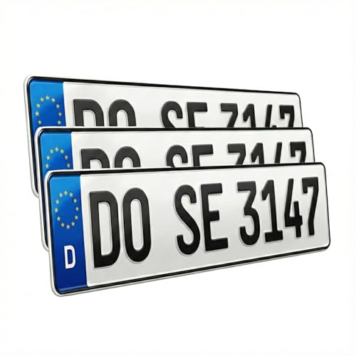 3x KFZ Kennzeichen 520x110mm nach DIN 74069 aus Aluminium Made in Germany | DIN-zertifiziertes Nummernschild für PKW, Anhänger & Fahrradträger. Normgerechte Prägung für Standard-, E- & H-Kennzeichen