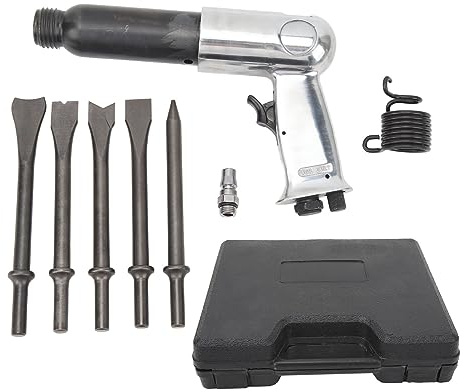 Kit Martello Pneumatico Per Impieghi Pesanti, Scalpello Pneumatico, Martello Potente con 5 Punte e Scatola di Stoccaggio, Scalpello Pneumatico Multifunzionale per Riparazione Auto (Canna lunga 250 mm)
