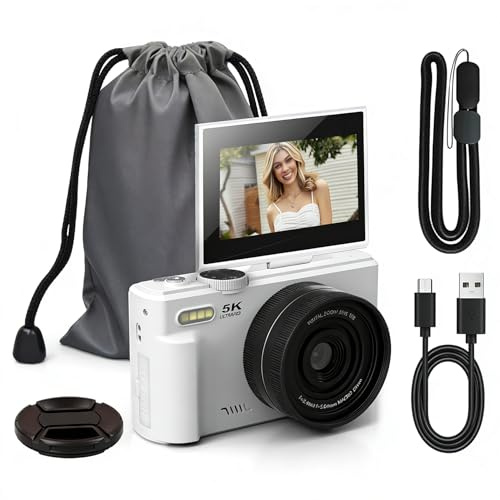 Optinexo 5K Digital Compact Camera, Cámara Digital Compacta 5K con Pantalla Flip y Zoom Digital 16X, Cámara Vlogging Portátil, Cámara de Fotos y Vídeo para Viajes y Creadores (Blanco, Sin Tarjeta)