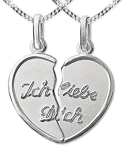 CLEVER SCHMUCK Set 2 Silberne Partneranhänger geteiltes Herz 20 mm Ich liebe dich matt, Rand Schrift glänzend, 2 Ketten Panzer je 45 & 50 cm 925 Sterling Silber im Schmucketui anthrazit
