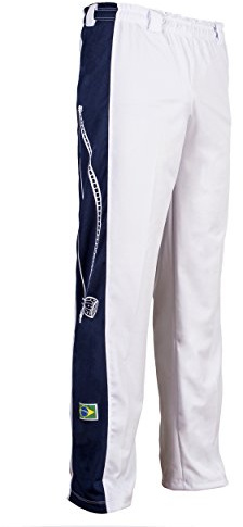 JL Sport Authentic Brazilian Capoeira Martial Arts Pants - Unisex/Children's (White with Berimbau Print Along Leg) 9-10 Yrs