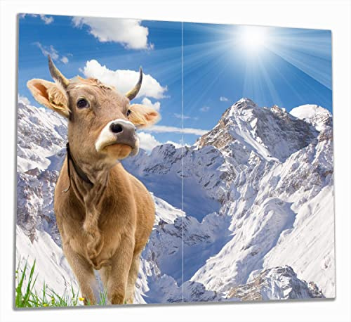 Wallario Herdabdeckplatte/Spritzschutz aus Glas, 2-teilig, 60x52cm, für Ceran- und Induktionsherde, Kuh im Sonnenschein in den Alpen