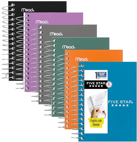 Five Star Spiral Notebooks, 6 Pack, Fat Lil' Pocket Notebooks, College Ruled Paper, 3-1/2 x 5-1/2, Small, 200 Sheets, Purple, Orange, Green, Blue, Gray, Black (38027)