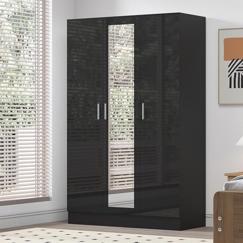 Reflect 3 Door Mirrored Wardrobe | Black Gloss & Black Oak | Bedroom Storage with Hanging Rail & 4 Shelves | H: 180cm x W: 113cm x D: 47cm | Modern Sleek Design