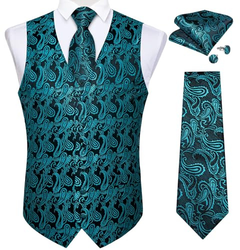 DiBanGu Mens Vest and Tie Set Formal Paisley Waistcoat and Necktie Pocket Square Cufflinks Silk Suit Vest for Tuxedo Wedding, Teal, Large