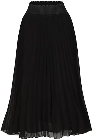 TEERFU Women's Casual High Waist A Line Stretch Pleated Midi Swing Skirt Black Medium