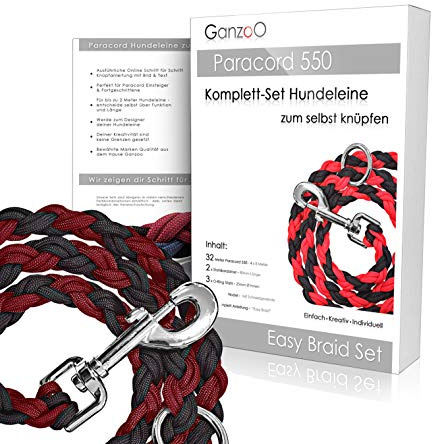 Ganzoo Paracord 550 Hunde-Leinen Bastelset zum Selbstknüpfen, DIY Knüpfset mit 4x8 m Paracord, 2 Karabiner 80 mm, 3 O-Ringe 25 mm, Online-Anleitung für 2 m Leine, Weinrot