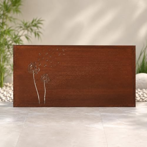Edelrost Sichtschutz Garten aus Metall 032097 L150 H75cm | 1 mm Stahl Sichtschutzwand mit Pusteblumen-Motiv, rostige Gartendeko Metallwand für Terrasse, Gartenzaun und Beet