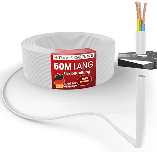 MAS Premium Von 5 bis 100m Kunststoffschlauchleitung H03VV-F 2X0,5, 2X0,75, 3G0,75 oder 4G0,75 Flexible Leitung Kabel Gerätekabel (H03VV-F 3G0,75 WS, 50m)