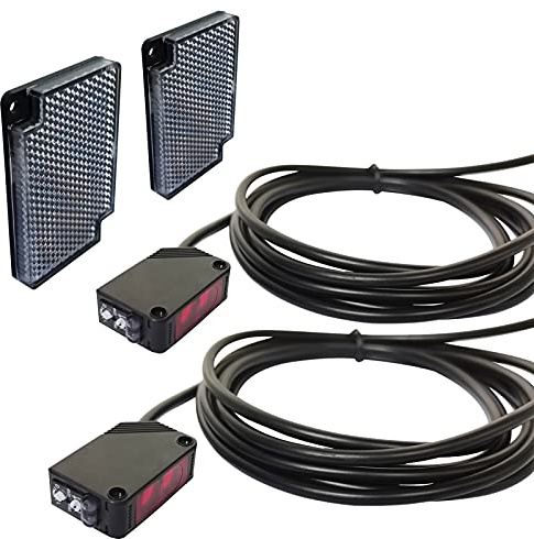 STBTECH 2er Pack Lichtschrankensensor Innenwandmontage NPN (NO oder NC schaltbar) Reflektierender Lichtschranke Spiegel reflexion N?herungsschalter mit 2 m Kabel,Reflektorplatte,2 m induktionsabstand