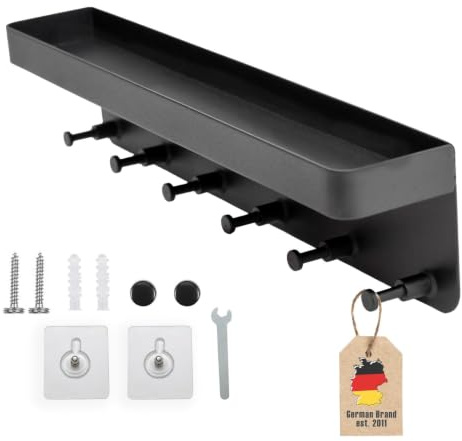 INTIRILIFE Schlüsselbrett mit Ablage in Schwarz - 24.5 x 6 cm - Selbstklebend ohne Bohren - Schlüsselboard, Schlüsselhalter, Schlüsselleiste - Hakenleiste für die Wand mit 6 Haken und Ablagefläche