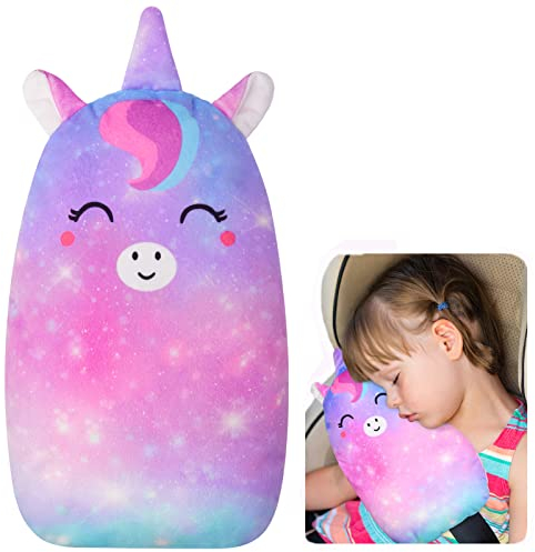 Basumee Unicorn Gurtpolster Kinder Auto Sicherheitsgurt Schulterpolster Gürtelkissen Schutzkissen und Samtbeutel Groß für mehr Komfort auf der Reise