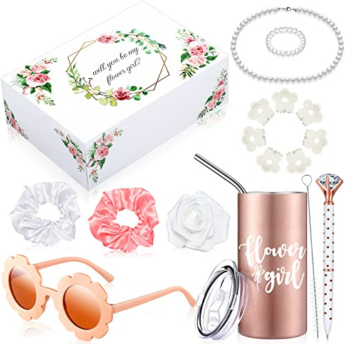 Yilloog 20 Pcs Flower Girl Proposal Gifts Box Set Water Bottle Tumbler Round Glasses Necklace Pearl Bracelet Will You Be My Flower Girl for Wedding(Pink)