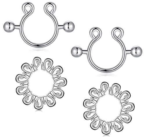 LAURITAMI 2 Paires Faux Anneaux de Mamelon pour Femme en Acier Inoxydable Bijoux de Téton Fleur Non Percés