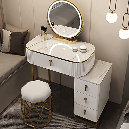 Toeletta da Trucco con LED Luci e Specchio, Toeletta da Trucco con 4 Cassetti, Armadietto e Sgabello Imbottito, Tavolini da Toilette per Camera da Letto C,60CM