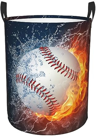 Gbuzozie Sport Baseball Ball In Fire And Water Round Laundry Hamper Storage Basket Toys Clothes Organizer Bin For Home Bathroom Bedroom Dorm Nursery, 62l