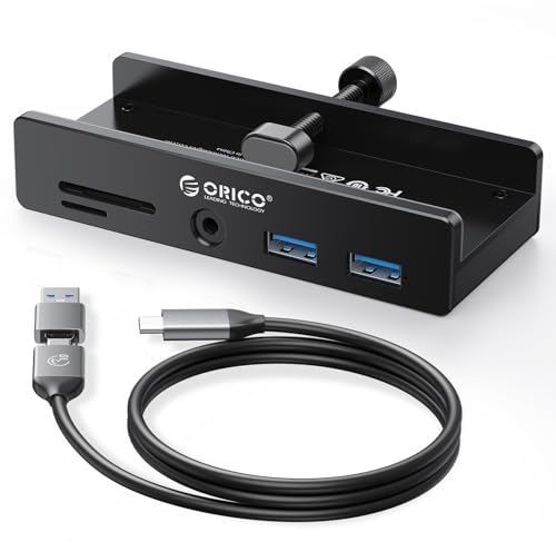 ORICO USB Hub 3.0, Clip-Typ USB Hub mit SD/TF Kartenleser, 5 in 1 USB Verteiler mit 2 USB-A 3.0 Ports, 3.5 mm Audio, 5Gbps, USB Splitter mit 5V Stromversorgungsanschluss, Für Monitore, Desktop