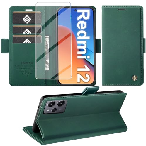 Giyer Handyhülle für Xiaomi Redmi 12 5G Hülle mit Schutzfolie, Schutzhülle Redmi 12 PU Leder Wallet Flip Case Cover Ständer Kartenfach Klapphülle für Xiaomi Redmi 12 Tache (Grün)