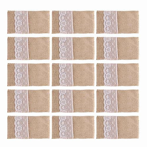 Doumneou Bestecktasche aus Jute, Spitze, rustikales Hochzeitsgeschirr, Messer, Gabelhalter, Tasche, Sackleinen, Tischdekoration, Zubehör, 100 Stück