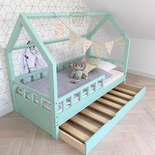 Hausbett 80x200 Mit Rausfallschutz Minze - Bell Nuo - Kinderbett mit Bettkasten - Kinderbett mit Lattenrost - Stabiles Rausfallschutz Bett für Kinderzimmer