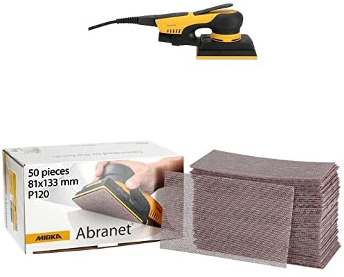 Mirka DEOS II 353 Schwingschleifer 81x133mm 300 W vibrationsarme Schleifmaschine für staubfreies Schleifen + Mirka Abranet Netz-Schleifstreifen 81x133 mm Klett/Korn P120 50 Stk