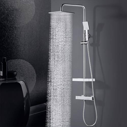 Système de douche thermostatique ARCORA, ensemble de douche à effet pluie, colonne de douche carrée avec pomme de douche à main, avec étagères