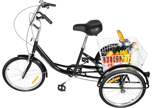 MINRS Triciclo da 20 pollici per adulti anziani triciclo a 8 marce 3 ruote triciciclo moderno per adulti con schienale e cestino della spesa, velocità regolabile altezza nero