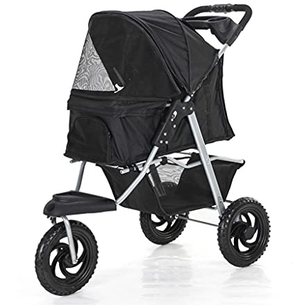 Hundebuggy, 3 Räder, Haustierbuggy für Katzen/Hunde, Kinderwagenträger, Hundebuggy für mittelgroße und kleine Hunde mit großen Rädern, faltbarer Hundekinderwagen mit Getränkehalter (Khaki) (Schwarz)